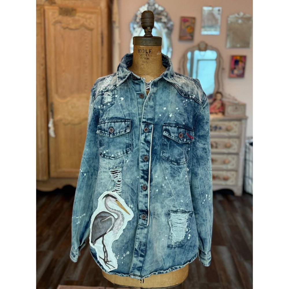 Upcycled/Reworked Denim Jacket| Vintage Heron, Cat, & Bow Patchwork| Boho| Large - Picture 12 of 13